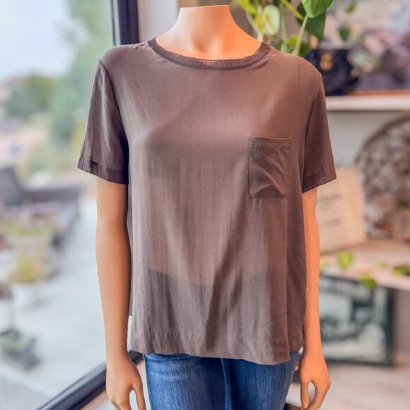 Vince, Sheer Silk Mocha Brown Crewneck Short Sleeve Pocket Tee, Women's Medium - Picture 1 of 8